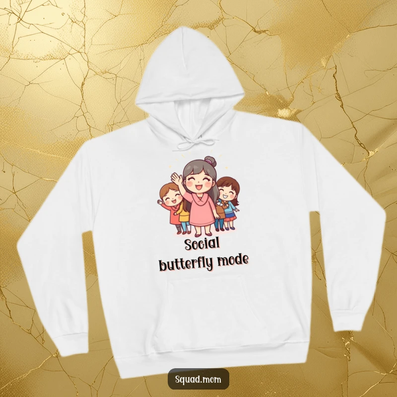 Funny hoodie featuring a mom friend waving cheerfully to friends, offering warmth and humor for social occasions, a fantastic funny gift.