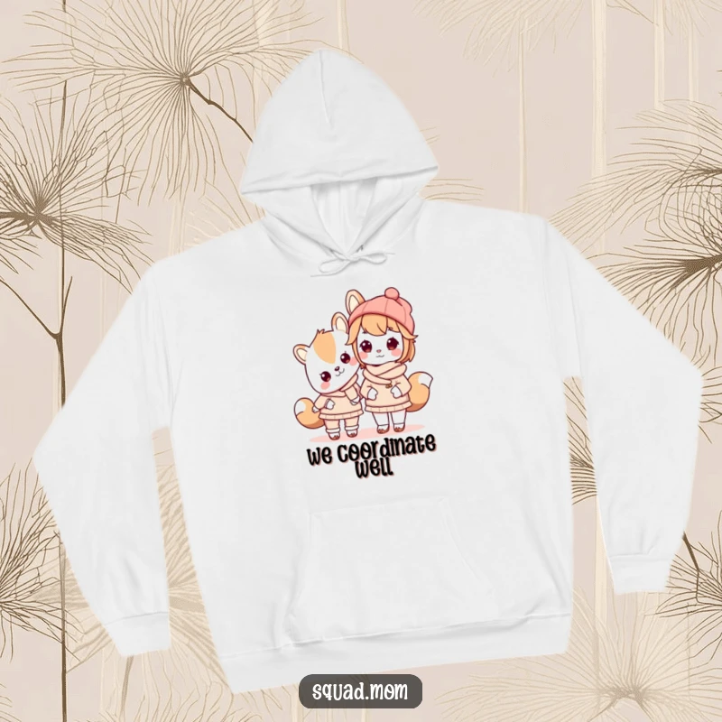 Funny Kawaii mom friend animal character wearing matching outfits with her child on a warm hoodie, symbolizing family connection.