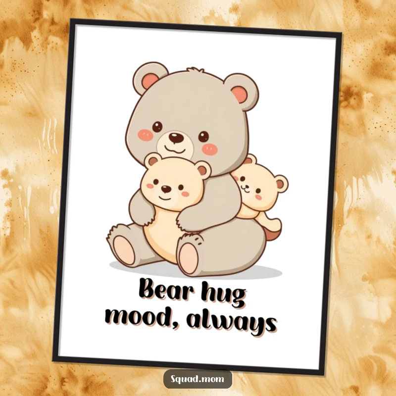 Funny Free Printable Wall Art: A happy bear mom carries her cub on a piggyback ride, creating a cozy and cheerful scene.
