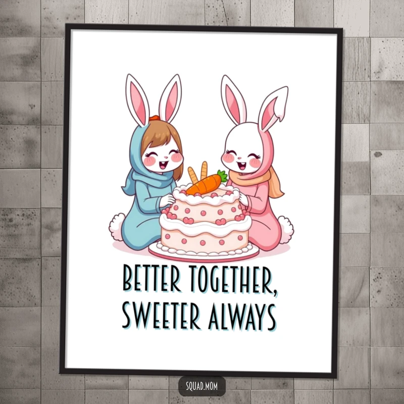 Funny Free Printable Wall Art: Adorable bunny moms smiling, sharing a gigantic carrot cake with delight.
