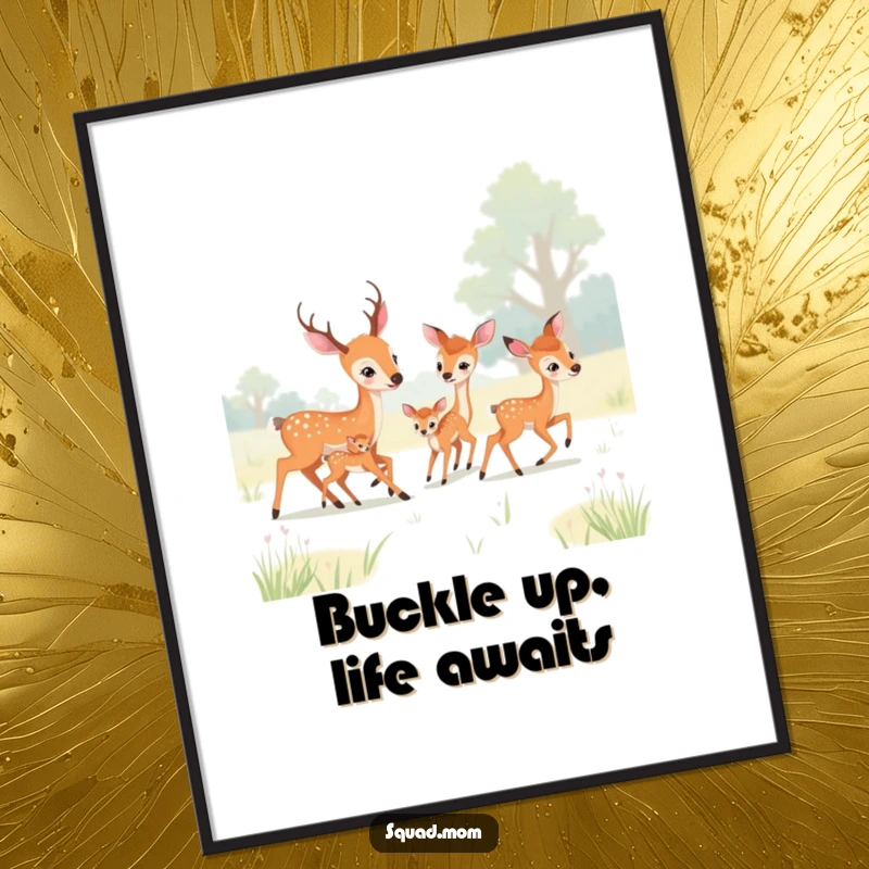 Funny Free Printable Wall Art: A group of deer moms and fawns playing tag in a meadow, whimsical humorous downloadable art.