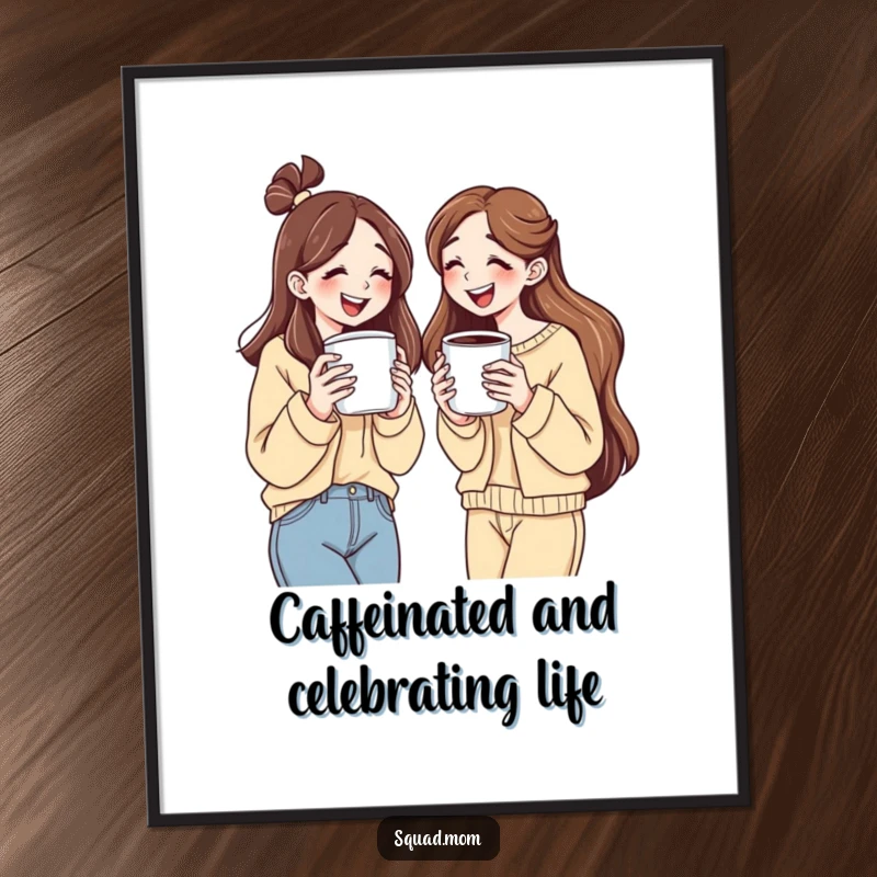 Funny free printable wall art: Women holding massive coffee cups, sharing a belly laugh during a relaxed, happy coffee break.