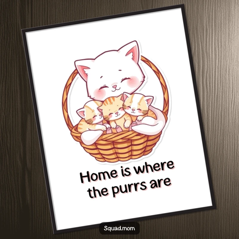 Free Printable Wall Art: Adorable mama cat lovingly cuddling her playful kittens in a basket, creating a scene of comfort, downloadable.