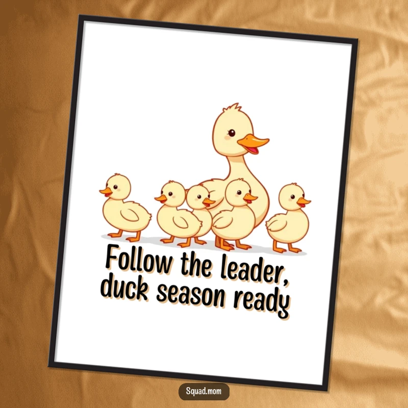 Funny Free Printable Wall Art: Mother duck joyfully leads her ducklings in a perfectly straight row, a whimsical home decor piece.