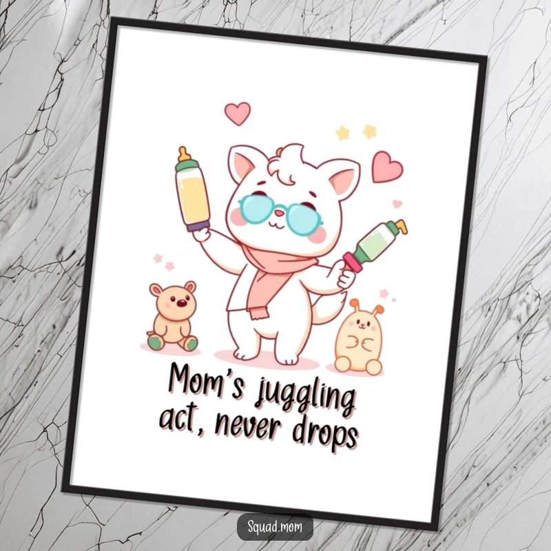 Funny Free Printable Wall Art: A Kawaii mom animal character is in mid-air, comically juggling multiple baby bottles and toys with a big grin.