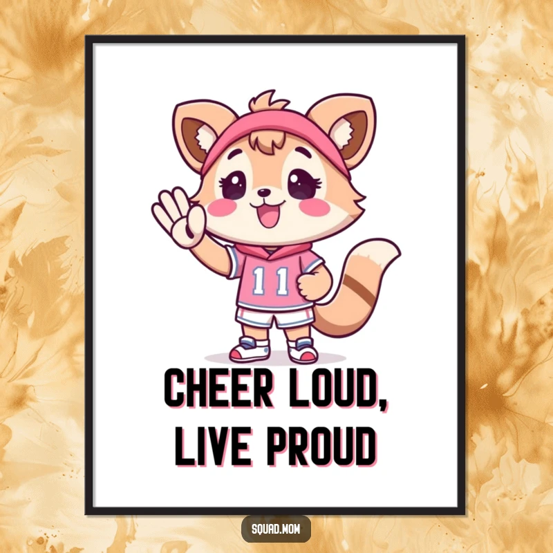 Funny Free Printable Wall Art: A Kawaii mom animal character enthusiastically cheers for a tiny athlete, embodying spirited support.