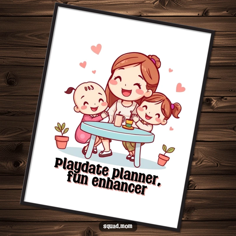 Funny free printable wall art depicting a smiling mom friend coordinating a playdate, a humorous addition to any room.