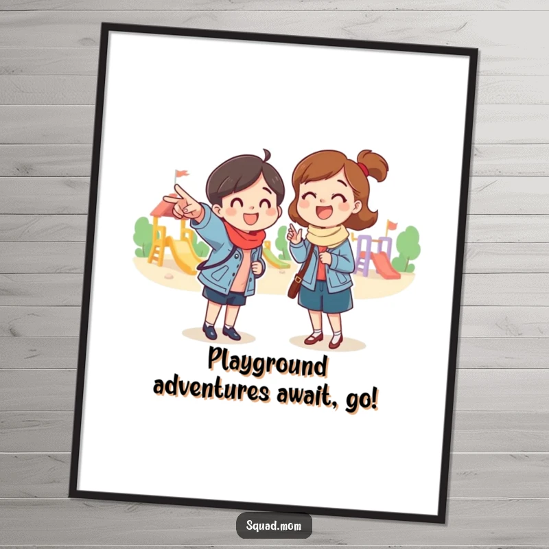 Funny free printable wall art depicting a mom friend eagerly pointing towards a playground, adding humor to decor.