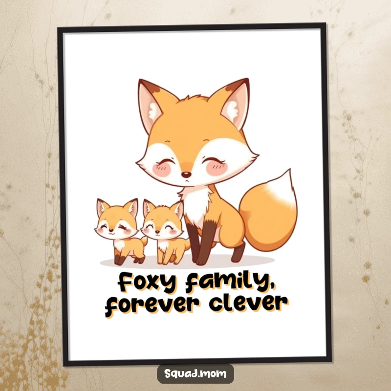 Free Printable Wall Art: A warm fox mom character leads her curious little kits through a whimsical woodland setting, full of charm.