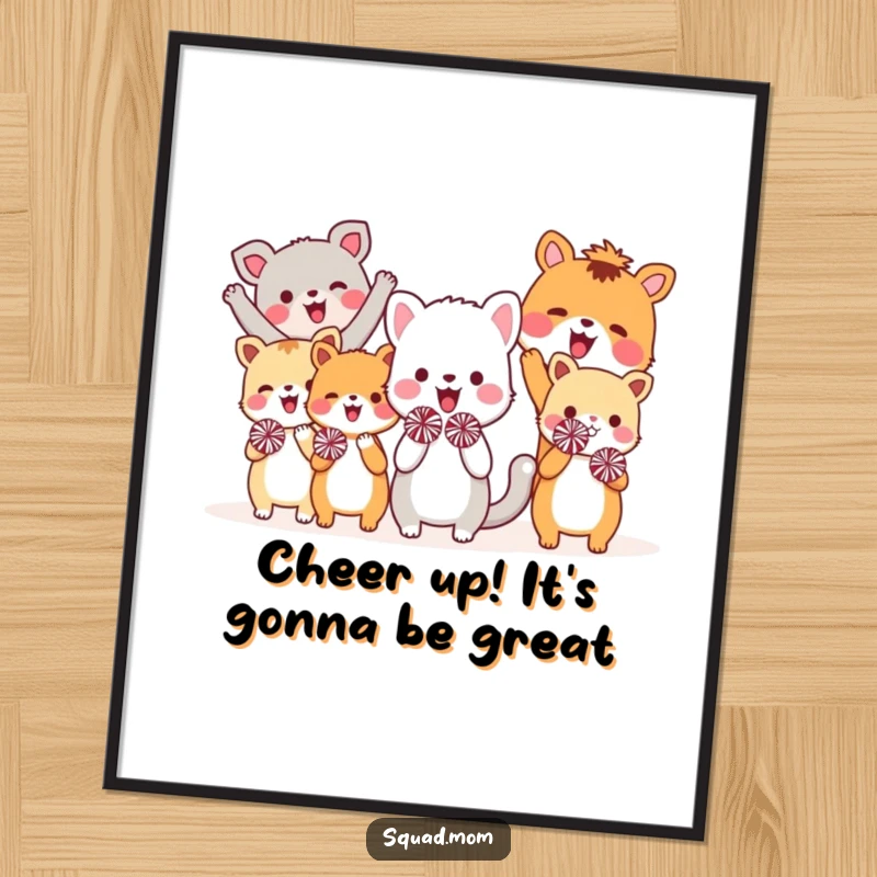 Funny Free Printable Wall Art showcasing a dynamic group of animals vigorously cheering with colorful pom-poms, full of energy.