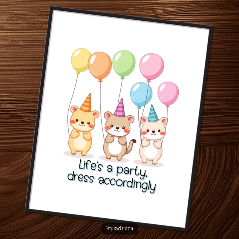 Free Printable Wall Art: A group of animals wearing silly hats and holding balloons, creating a fun and festive atmosphere, perfect for downloadable decor.