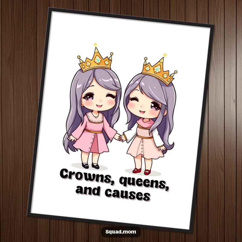 Funny free printable wall art: Two women wearing matching sparkly crowns, holding hands and beaming with joyful, celebratory energy.