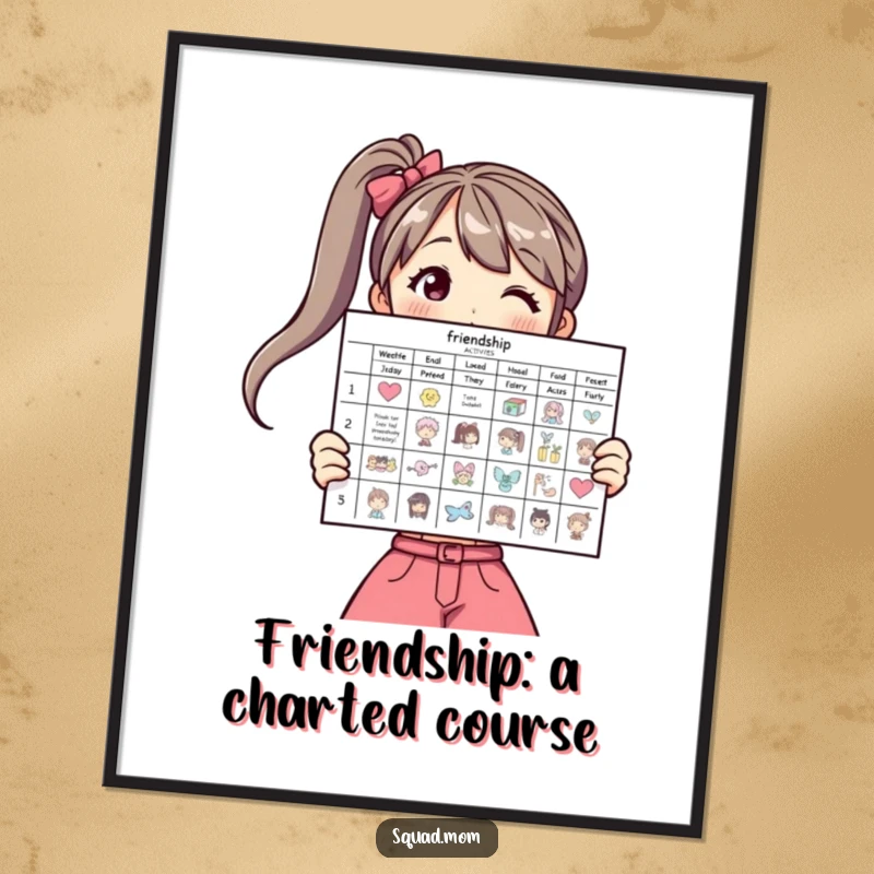 Funny Free Printable Wall Art: Woman proudly displaying a chart of friendship activities. Fun, downloadable decor.