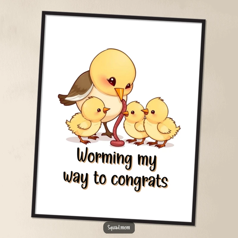 Funny Free Printable Wall Art: Sweet bird mom feeding a worm to her hungry chicks in a nest, adding heartwarming humor to your space, print at home.