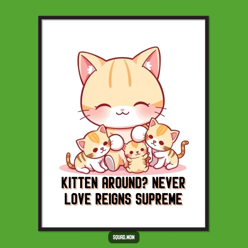 Funny Free Printable Wall Art: Cat Mom & Kittens Playtime, Cute Downloadable Art