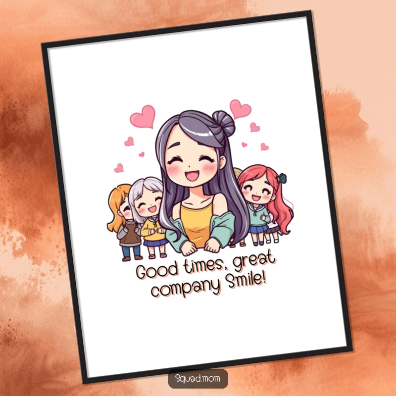 Funny Free Printable Wall Art: Woman with radiant smile surrounded by happy friends, celebrating camaraderie, downloadable art.