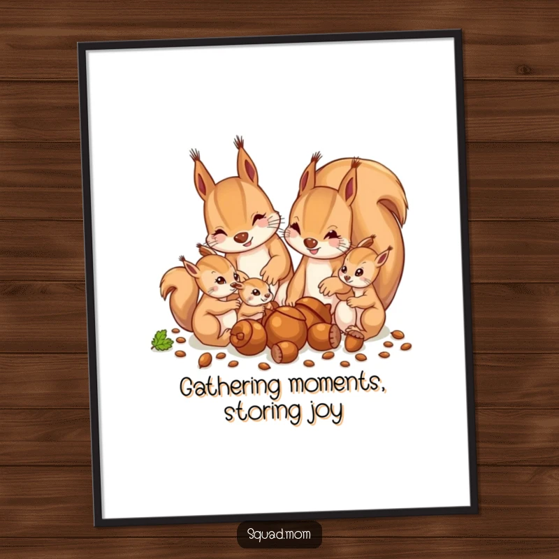 Funny Free Printable Wall Art: Playful squirrel mom and babies busily collecting acorns together, a scene of natural industry.