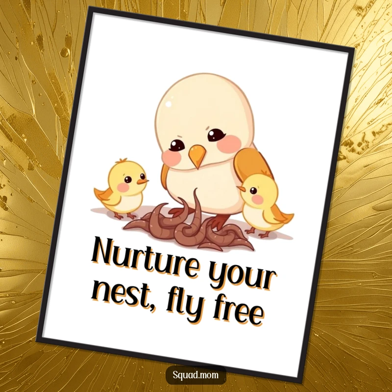 Free Printable Wall Art: A mama bird feeding worms to her chirping chicks, symbolizing love and sustenance, perfect for cozy, downloadable home decor.