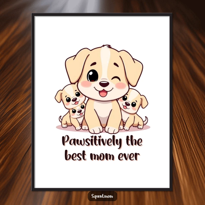 Funny Free Printable Wall Art capturing a delightful dog mom character showered with affection by her many puppies.