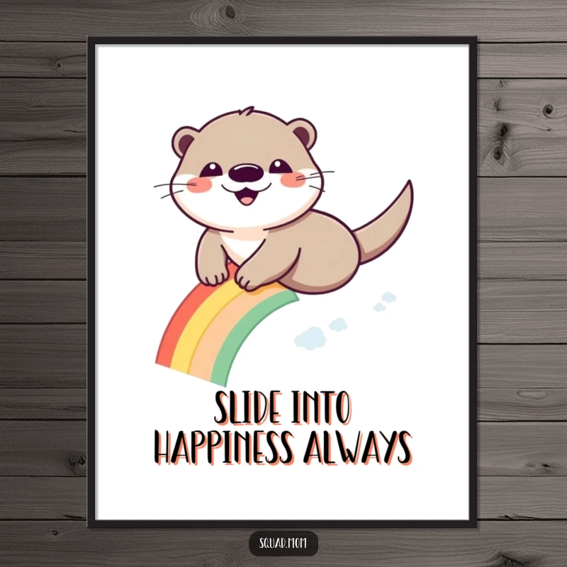 Funny Free Printable Wall Art showing a happy otter sliding down a brilliant rainbow, radiating pure joy.