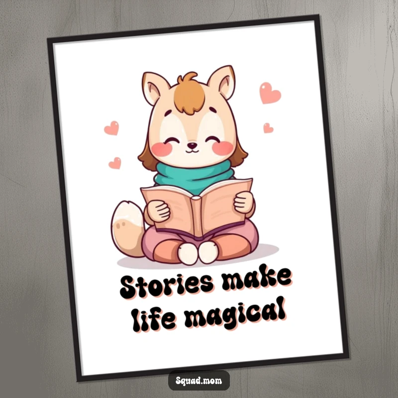 Funny Free Printable Wall Art: A Kawaii mom animal character reads a storybook aloud, creating a scene of cozy storytelling.
