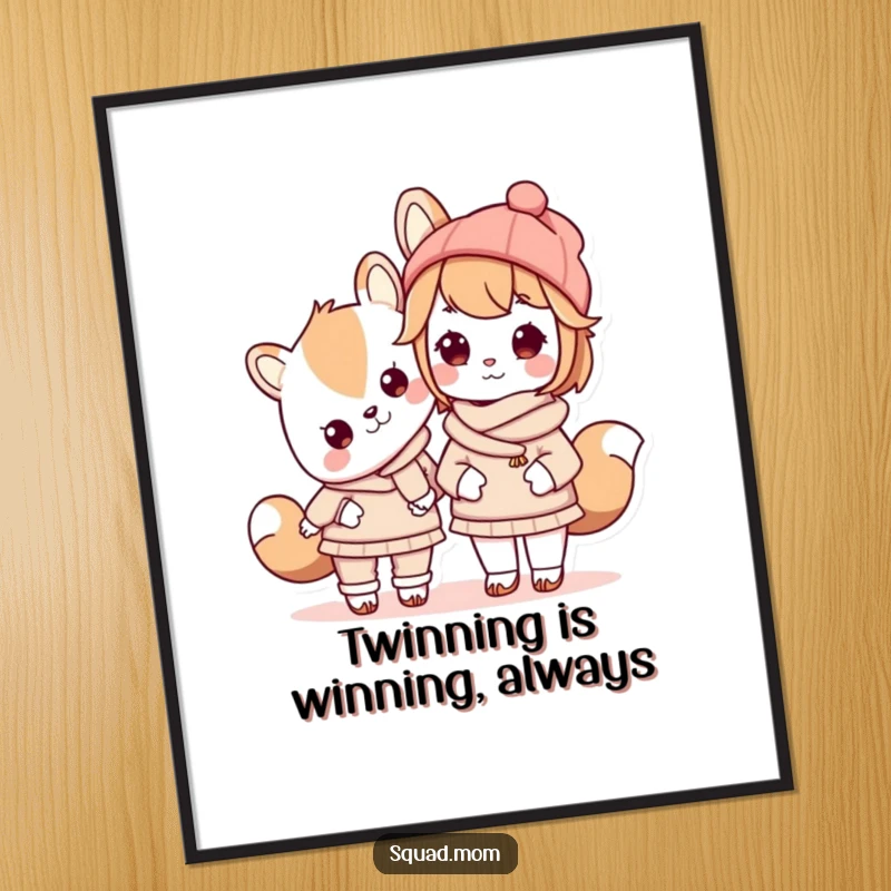 Funny Free Printable Wall Art: A Kawaii mom animal character and her child pose adorably in matching outfits, exuding family style.