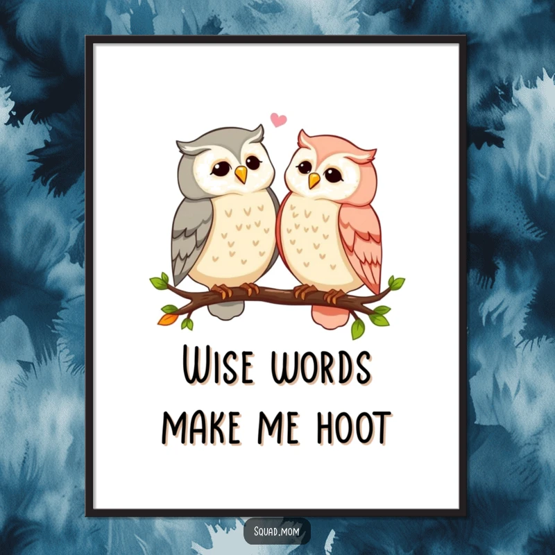 Funny Free Printable Wall Art: Two owl moms sharing gossip while perched on a branch, whimsical humorous downloadable art.