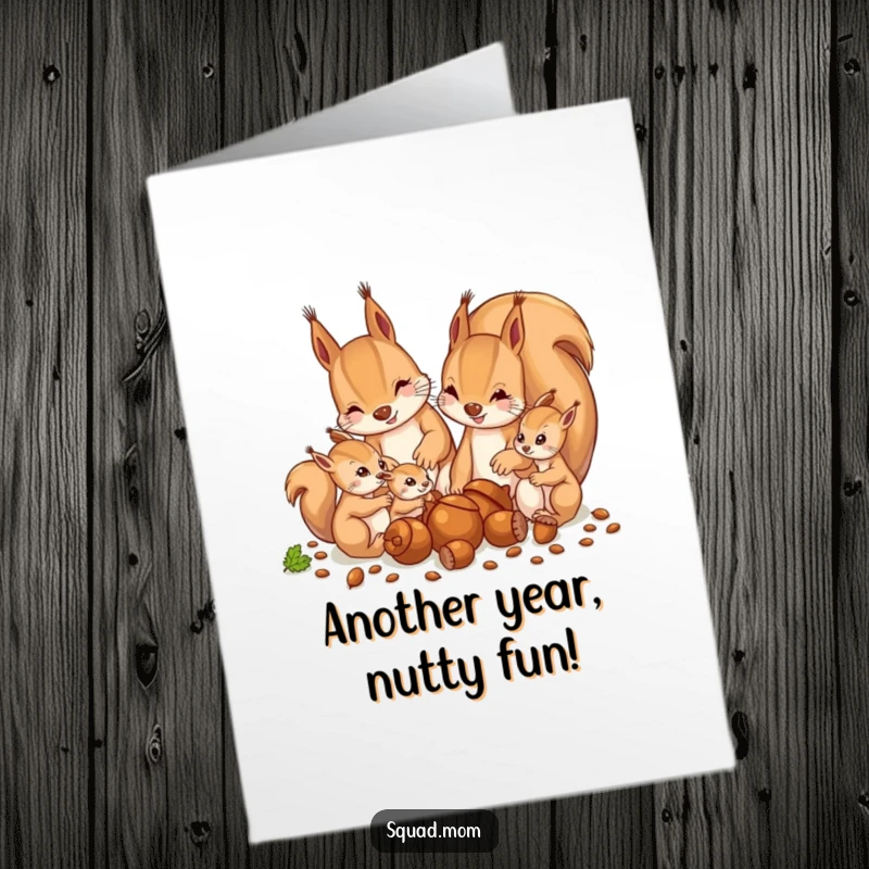 Funny Free Printable Birthday Card: Squirrel mom and babies energetically collecting acorns together, a busy, happy scene.