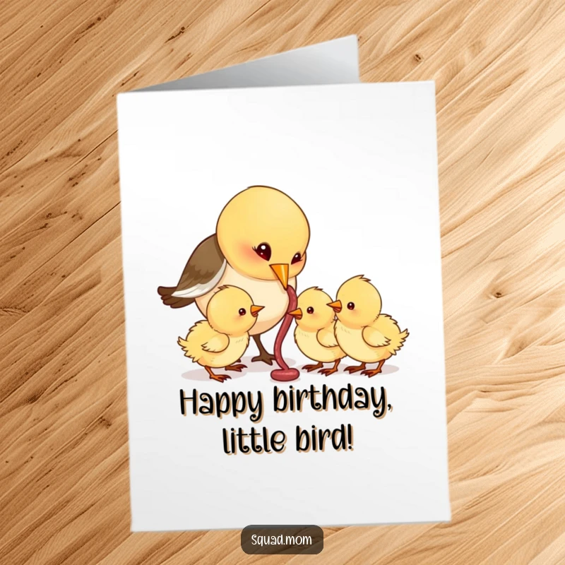 Funny Free Printable Birthday Card: Mama bird attentively feeding a worm to her open-mouthed chicks, a sweet and humorous birthday wish.