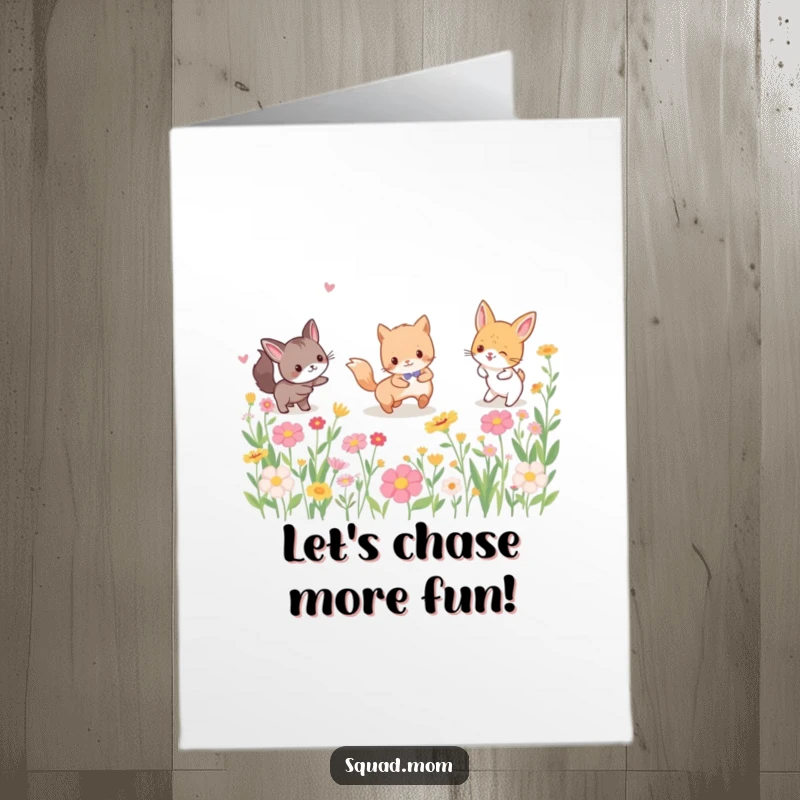 Funny Free Printable Birthday Card featuring a happy group of animal friends joyfully playing tag amidst a field of colorful flowers.