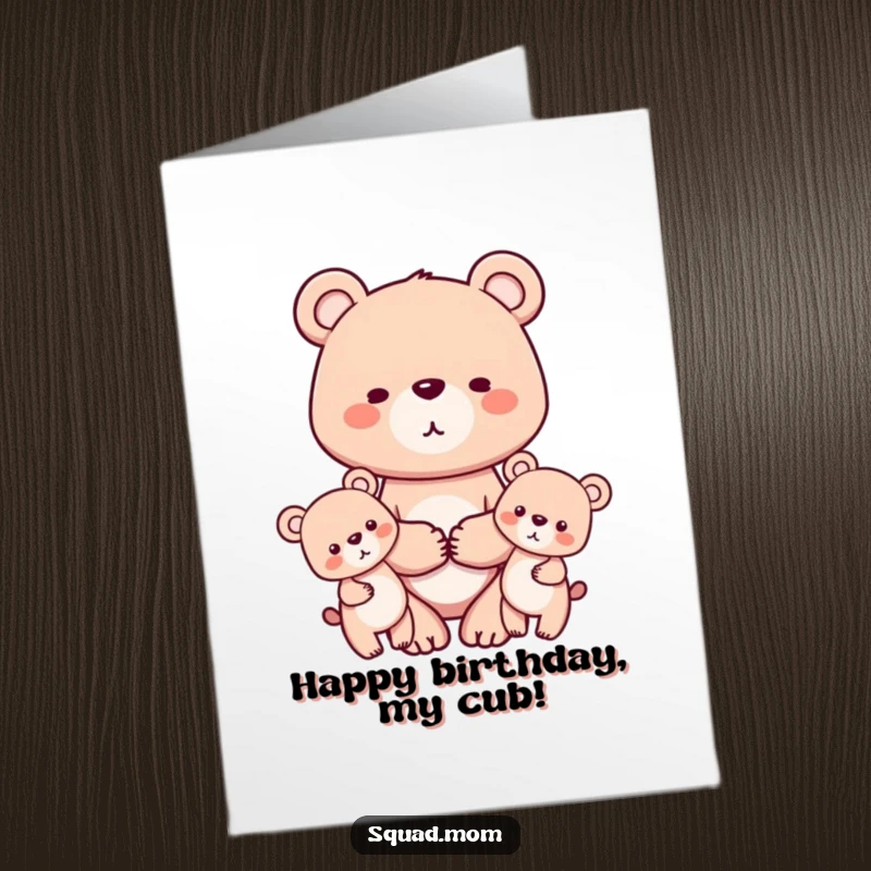 Free Printable Birthday Card: A loving bear mom character holds hands with her two cute cubs, celebrating a joyful birthday together.
