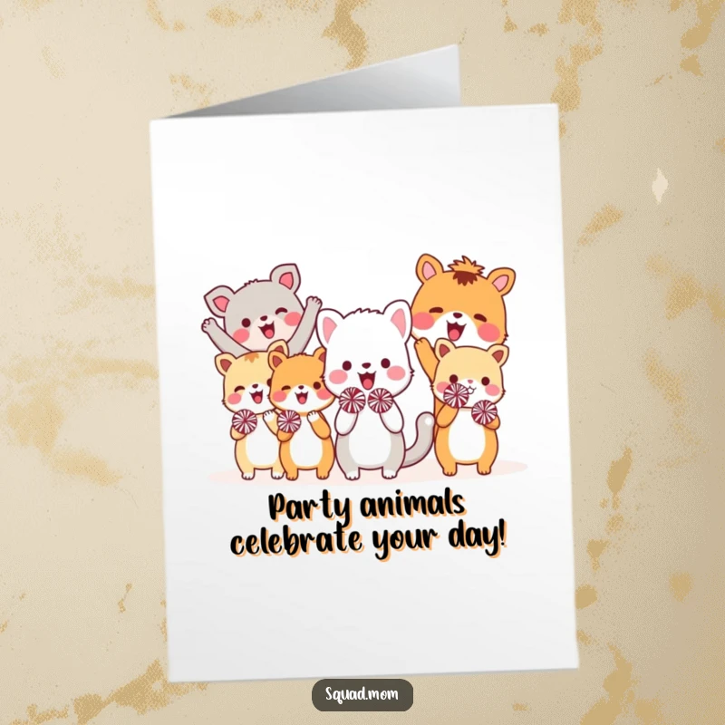 Funny Free Printable Birthday Card featuring a lively group of diverse animal friends enthusiastically cheering with colorful pom-poms.