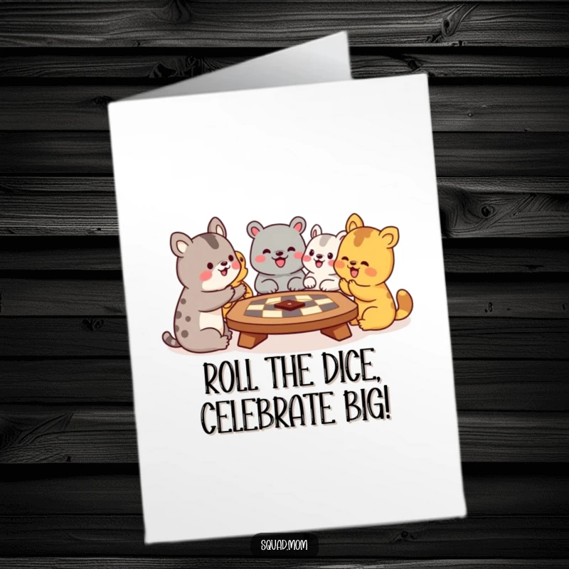 Funny Free Printable Birthday Card: Animals intensely playing a board game, celebrating with animated gestures for a hilarious DIY gift.