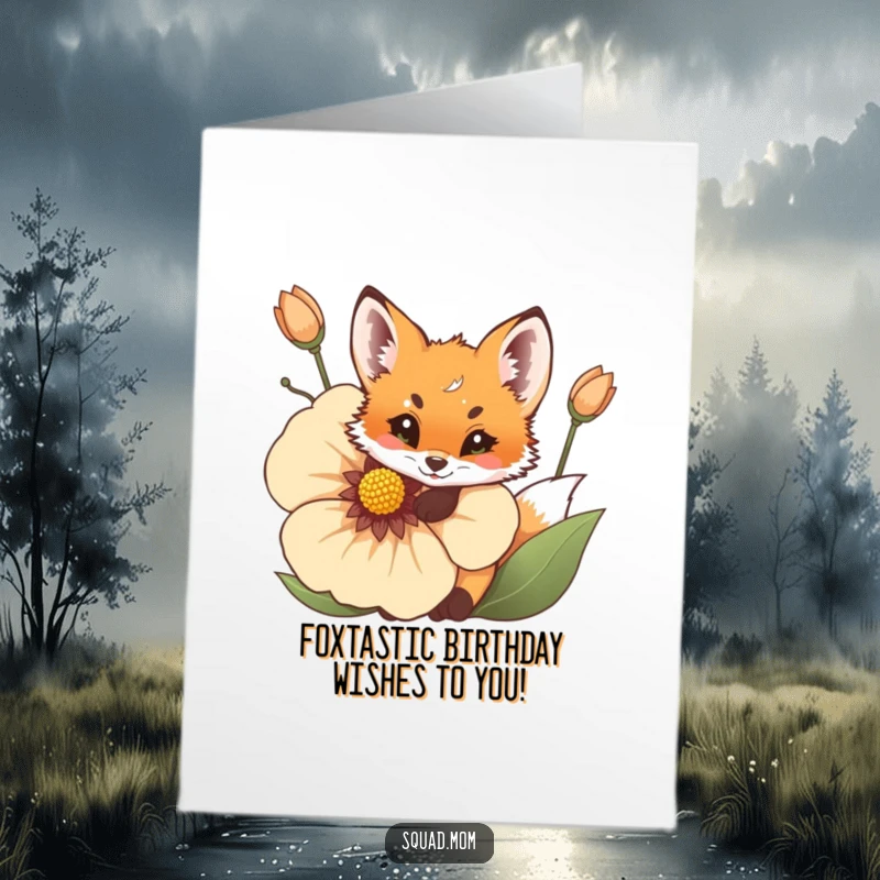 Funny Free Printable Birthday Card featuring a playful fox cub peeking curiously from behind a giant, colorful flower.