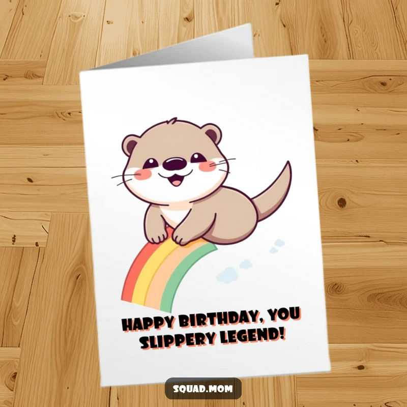 Funny Free Printable Birthday Card showing a smiling otter gleefully sliding down a vibrant, whimsical rainbow.