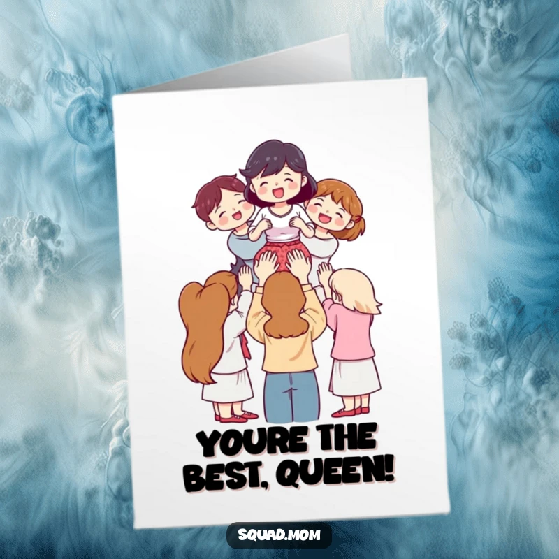 Funny Free Printable Birthday Card: Women triumphantly lift friend on shoulders, celebrating, joyful, printable greeting.