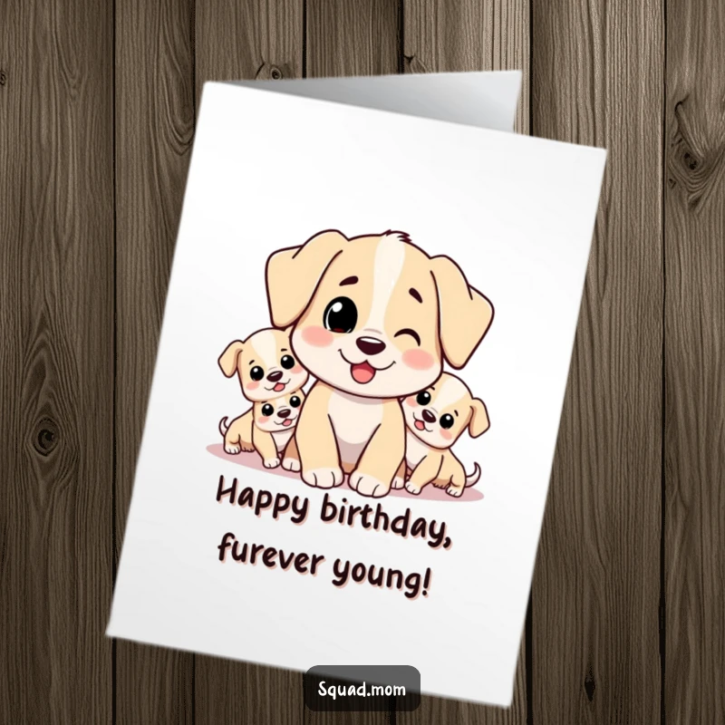 Funny Free Printable Birthday Card featuring a dog mom character joyfully surrounded by her adorable puppies.