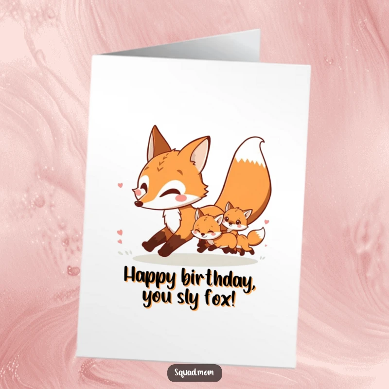 Funny Free Printable Birthday Card: Mother fox leads her kits in a delightful chase through a meadow, full of fun.