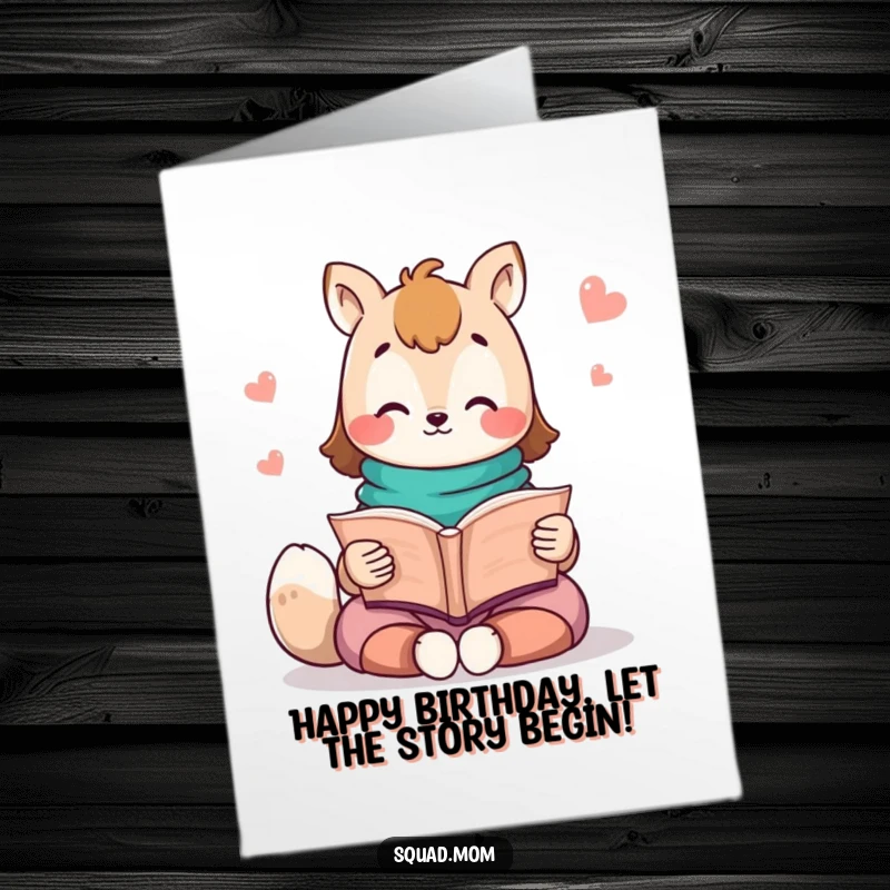 Funny Free Printable Birthday Card: A Kawaii mom animal character reads a storybook aloud, sharing tales and birthday cheer.