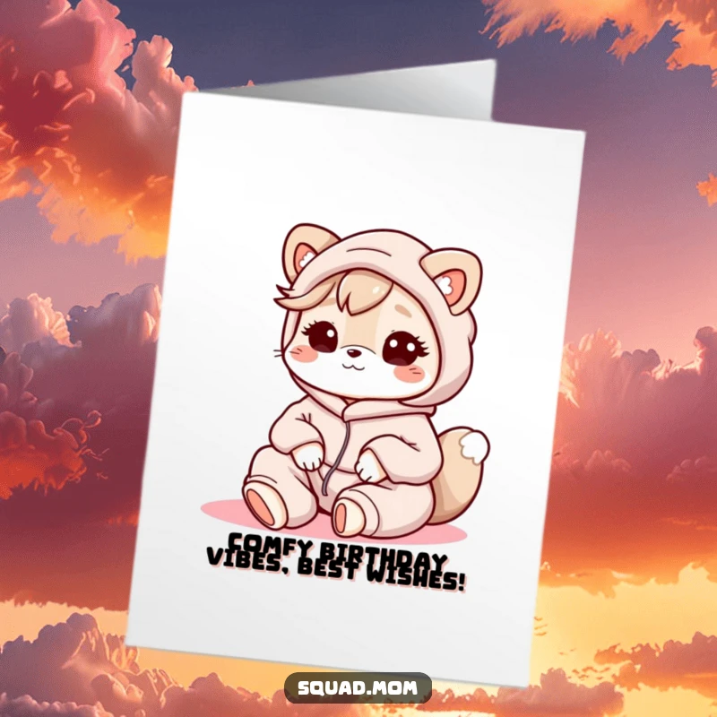 Funny Free Printable Birthday Card: Adorable Kawaii mom animal character relaxing in comfy lounge clothes, wishing a cozy birthday.