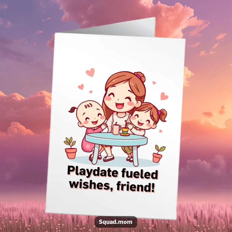 Funny free printable birthday card featuring a smiling mom friend happily organizing a playdate, perfect for a humorous greeting.