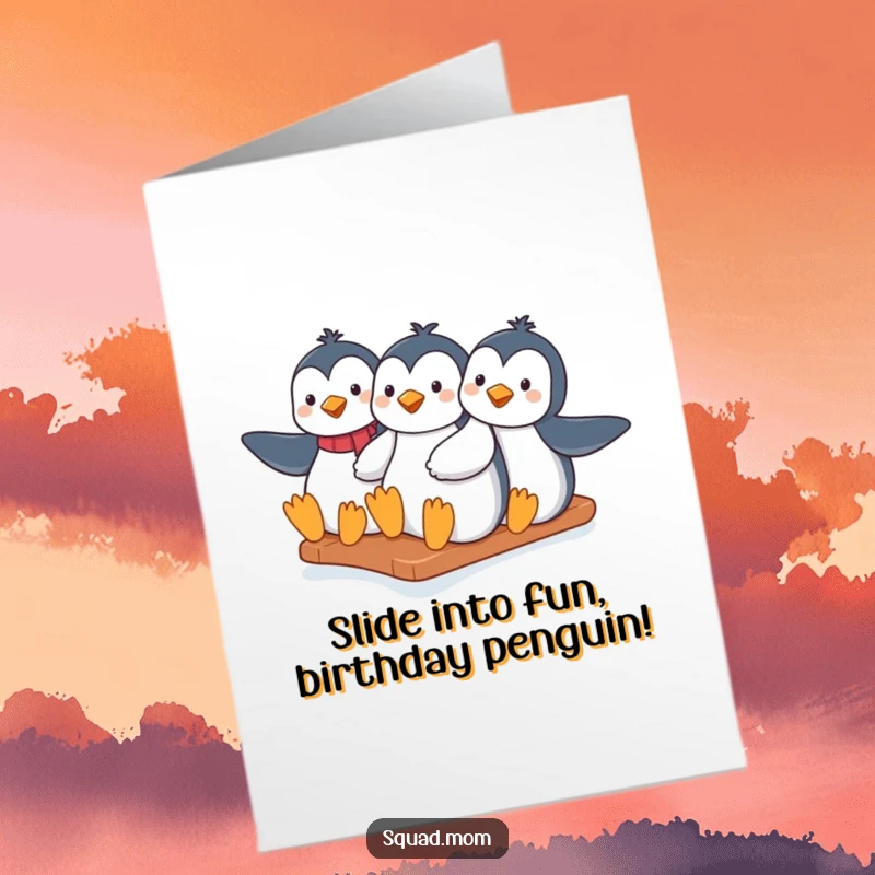 Funny Free Printable Birthday Card: Trio of penguin moms slide down an icy hill together, joyful and humorous downloadable art.