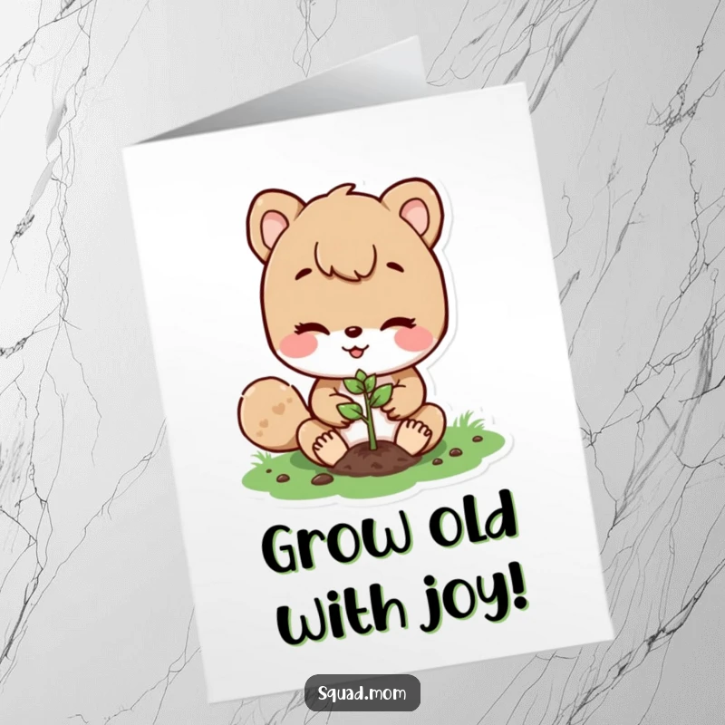 Funny Free Printable Birthday Card featuring a loving animal mom character tenderly planting a small seed in the earth.