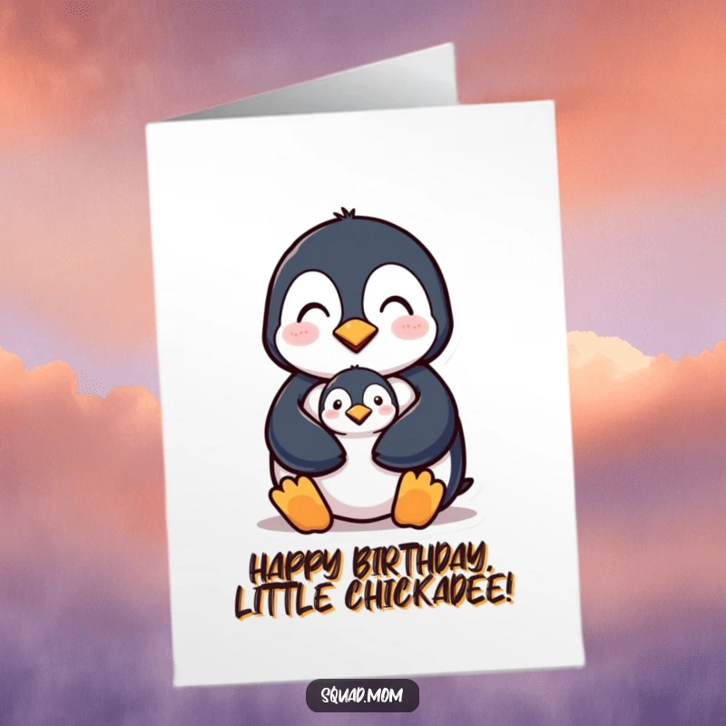Funny Free Printable Birthday Card showing a caring penguin mom shielding her adorable chick from the cold.