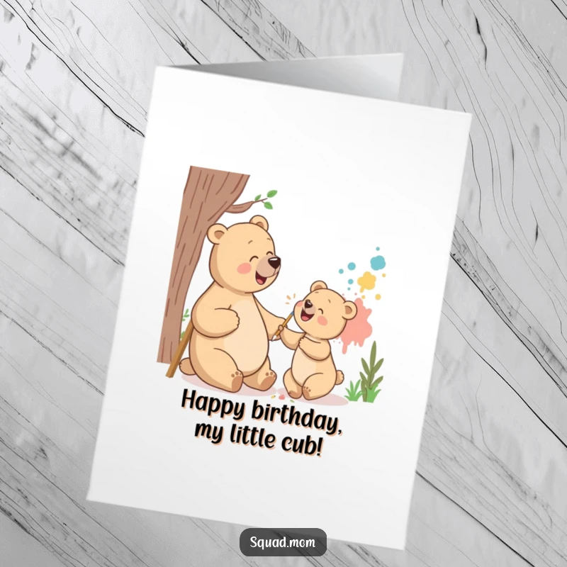 Funny Free Printable Birthday Card: Bear mom and cub giggling joyfully while painting a colorful mural together.