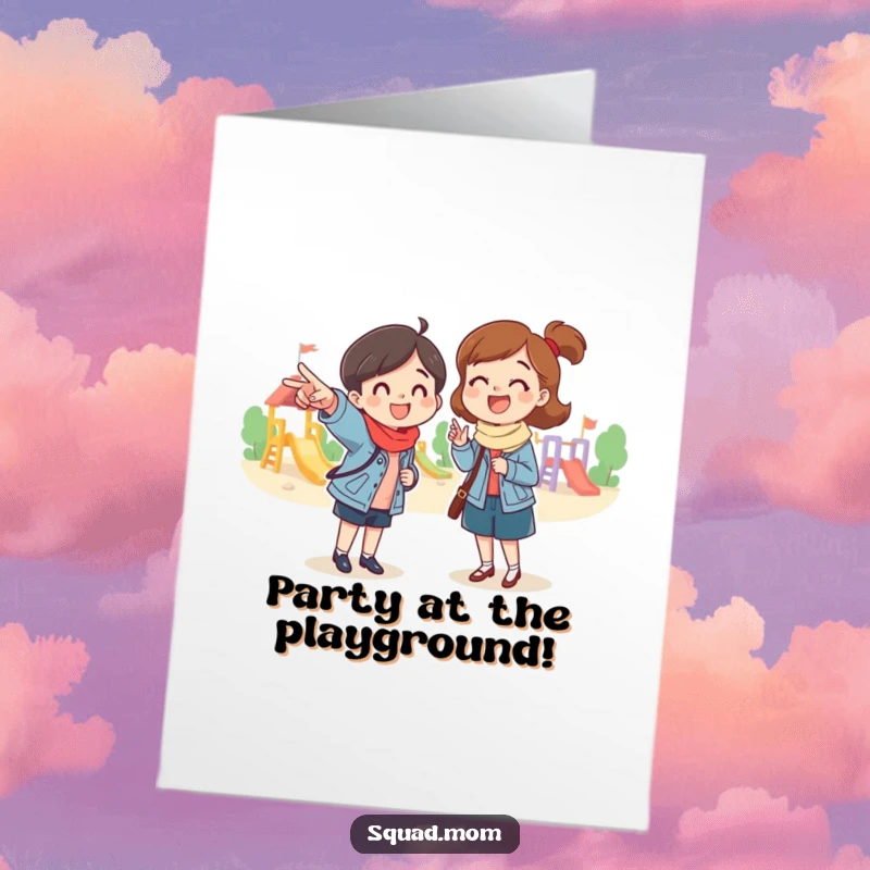 Funny free printable birthday card featuring a mom friend excitedly pointing towards a playground, perfect for active moms.