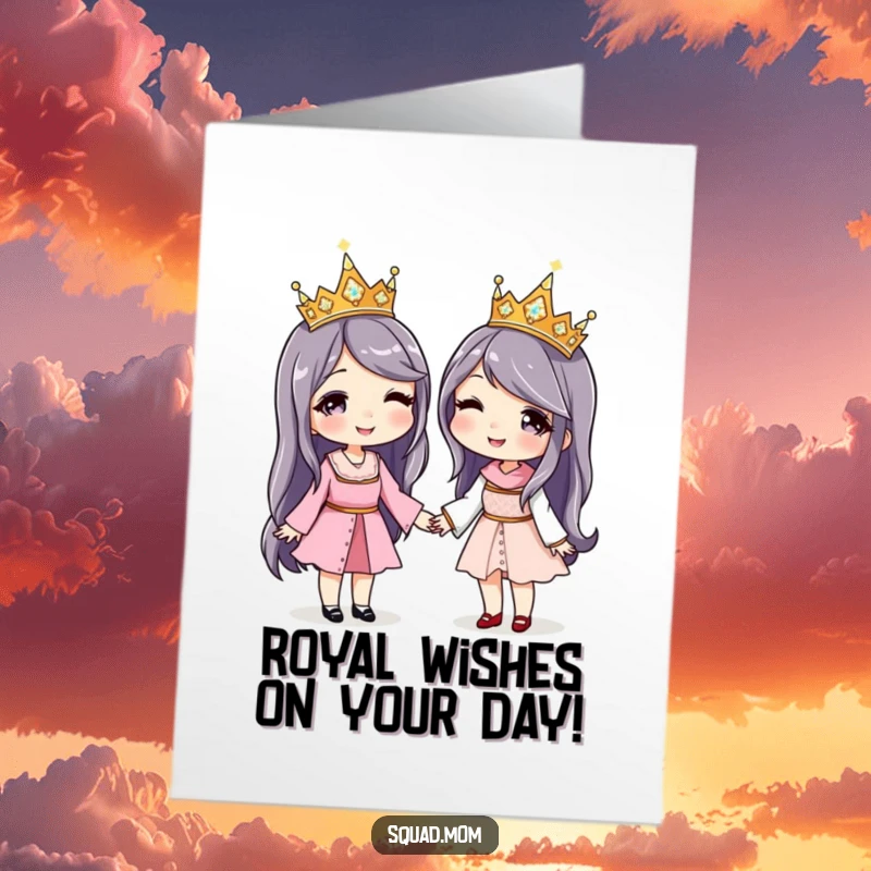 Funny free printable birthday card: Two women in matching sparkly crowns holding hands, radiating happiness and birthday cheer.