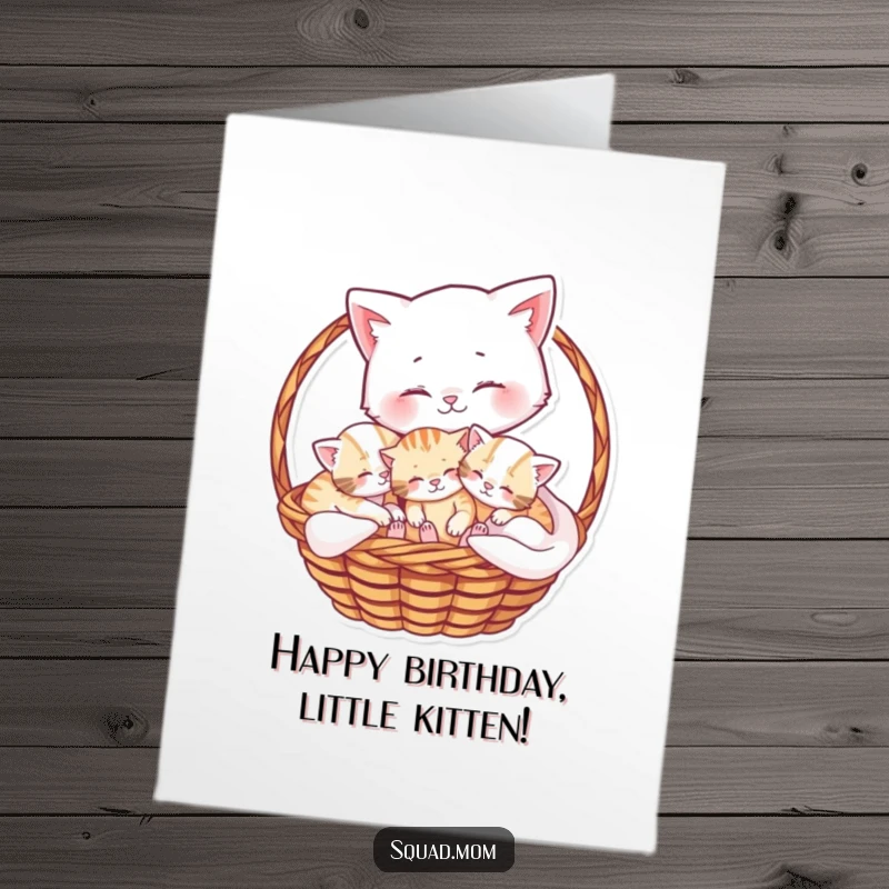 Free Printable Birthday Card: Adorable mama cat snuggled with playful kittens in a basket, cute and loving, downloadable.