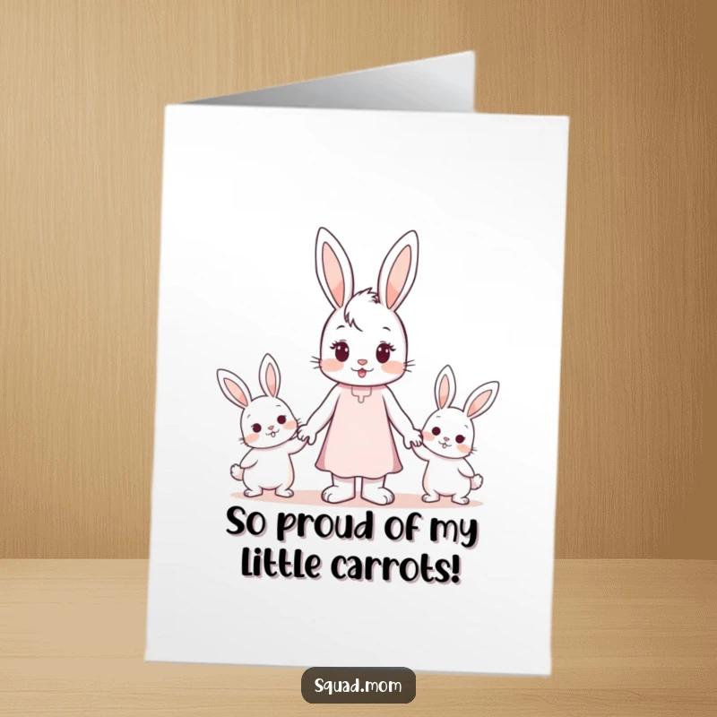 Funny Free Printable Congratulations Card: A loving bunny mom holding hands with her two sweet bunny kids.