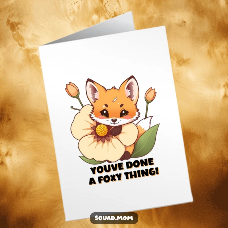 Funny Free Printable Congratulations Card with a mischievous fox cub hiding behind a big bloom, sharing good news.